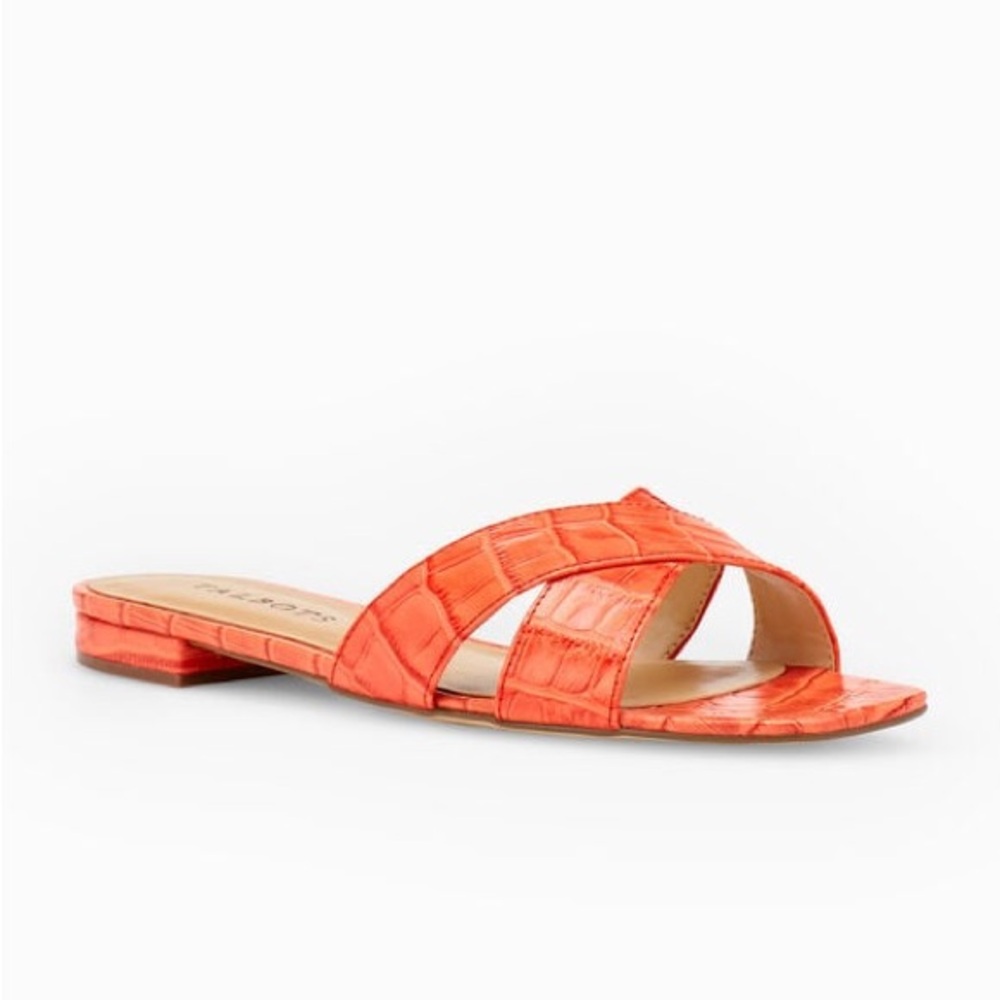 Talbots Violet Crisscross Leather Slides Size 8 orange croc-embossed crisscross